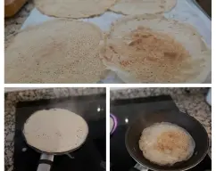 Step <p><span style="font-weight: normal;">En una filloeira, o en una sartén al fuego untándola con tocino pinchado en un tenedor, cuando esté caliente, vierte dentro un cucharón de crema, mover la sartén para que cubra el fondo. Darle la vuelta cuando los bordes se desprendan. Una vez dorada retirar y continuar hasta terminar con la masa</span>.</p><p><br></p> illustration