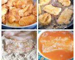Step <p>Cuele el fumet a través de un colador de malla fina y reserve. Aclare el vaso.</p><p><span style="-webkit-text-size-adjust: 100%;">Sale los filetes de rape, páselos por harina, huevo batido, fríalos, y vaya colocándolos en una tartera baja. Reserve 50 g del aceite (si hace falta, cuélelo)</span></p> illustration