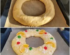 Step <p>Saque el roscón del horno, sin apagar éste y con mucho cuidado pincele con huevo batido, coloque la fruta escarchada, las almendras laminadas y el azúcar perlado o azúcar humedecido.Saque el roscón del horno, sin apagar éste y con mucho cuidado pincele con huevo batido, coloque la fruta escarchada, las almendras laminadas y el azúcar perlado o azúcar humedecido.</p> illustration
