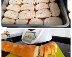 Step <p>Mientras tanto, corte el pan en rebanadas de unos 2 cm aprox. póngalas extendidas en una bandeja, sin sobreponerlas. </p> illustration