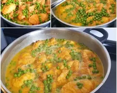 Step <p>Añada los guisantes a la tartera del rape, cubra con la salsa al gusto, cueza a fuego lento 2 minutos, rectifique de caldo y sal si fuera necesario. </p> illustration