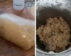 Step <p><span style="font-weight: normal;">Añade el resto de la harina y </span>amasa 2 min<span style="font-weight: normal;">.</span></p><p><span style="font-weight: normal;">La masa queda grumosa, es así como tiene que quedar. vierte en la encimera, haz una bola y envuelve en film. Deja reposar la masa, mínimo una hora.</span></p> illustration