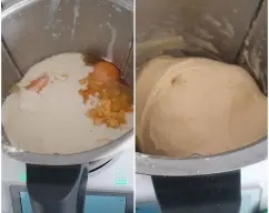 Step <p>Masa del roscón:</p><p>No hace falta lavar el vaso, ponga en él, la leche, la levadura desmenuzada, la harina, los huevos, la sal, el azúcar aromatizado, el azúcar invertido, el agua de azahar, el Tang zhong, y programe 30 seg/ velc.6 y a continuación amase programando 5 min/velc. espiga y vaya añadiendo por el vocal, durante los primeros minutos, la manteca de vaca cocida ó la mantequilla. Deje reposar 3 minutos y vuelva a amasar programando 3 min/velc. espiga. Otra vez, deje reposar 3 minutos y vuelva a amasar programando 3 min/velc. espiga. Tiene que quedar una masa muy elástica </p> illustration