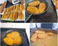 Step <p>Caliente el aceite a fuego medio, o píncele, simplemente la sartén. Coloque las rebanadas en la sartén y déjelas hacerse 1-2 minutos, deles la vuelta y cocine 1 minuto más. Saque a una bandeja, cubierta con papel absorbente. Espolvoreé con el azúcar aromatizado con la canela. Repita el proceso con el resto de las torrijas. </p><p>Sirva templadas o frías.</p> illustration